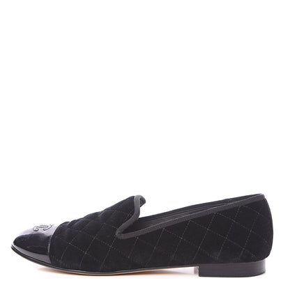 Chanel Velvet Quilted Cap Toe Womens CC Loafers 41 Black 1 of 9