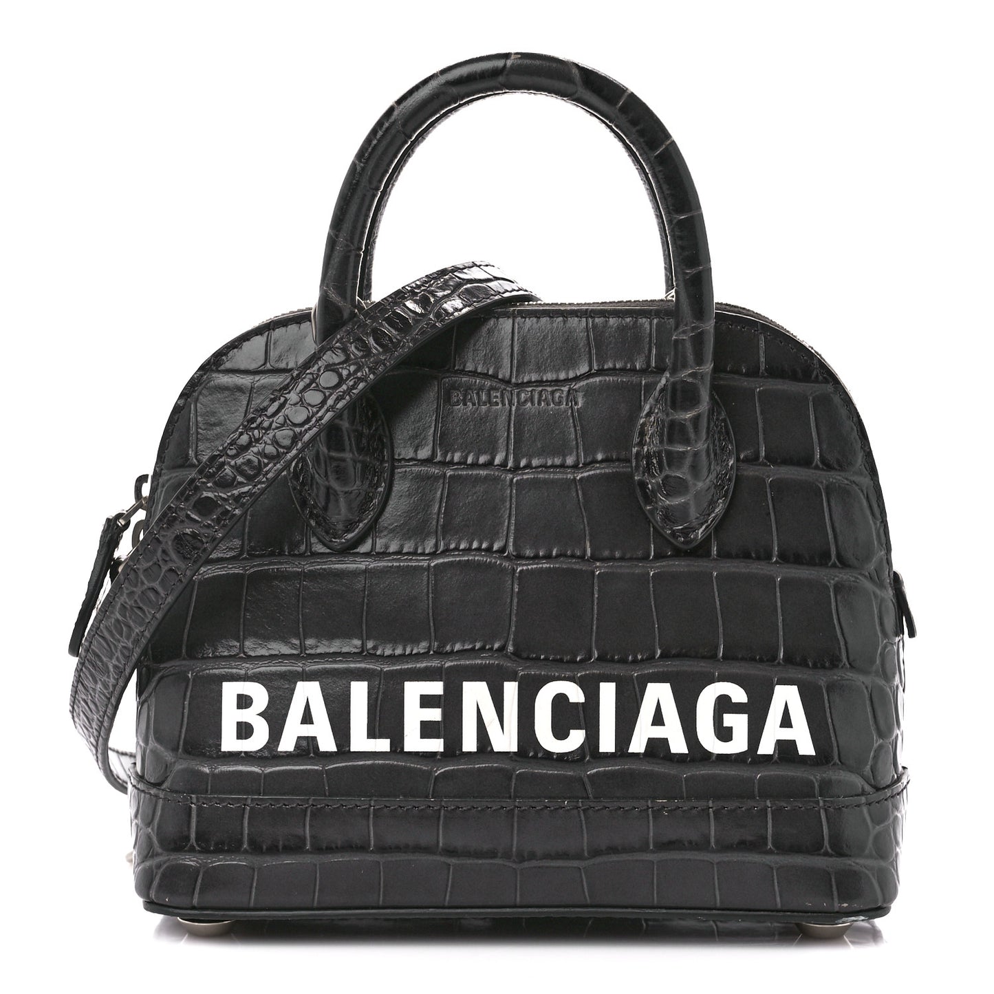 Shiny Calfskin Logo Crocodile Embossed XXS Ville Top Handle Bag Gray