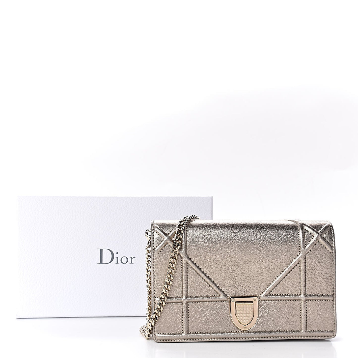 Metallic Grained Calfskin Diorama Wallet on Chain Pouch Light Gold