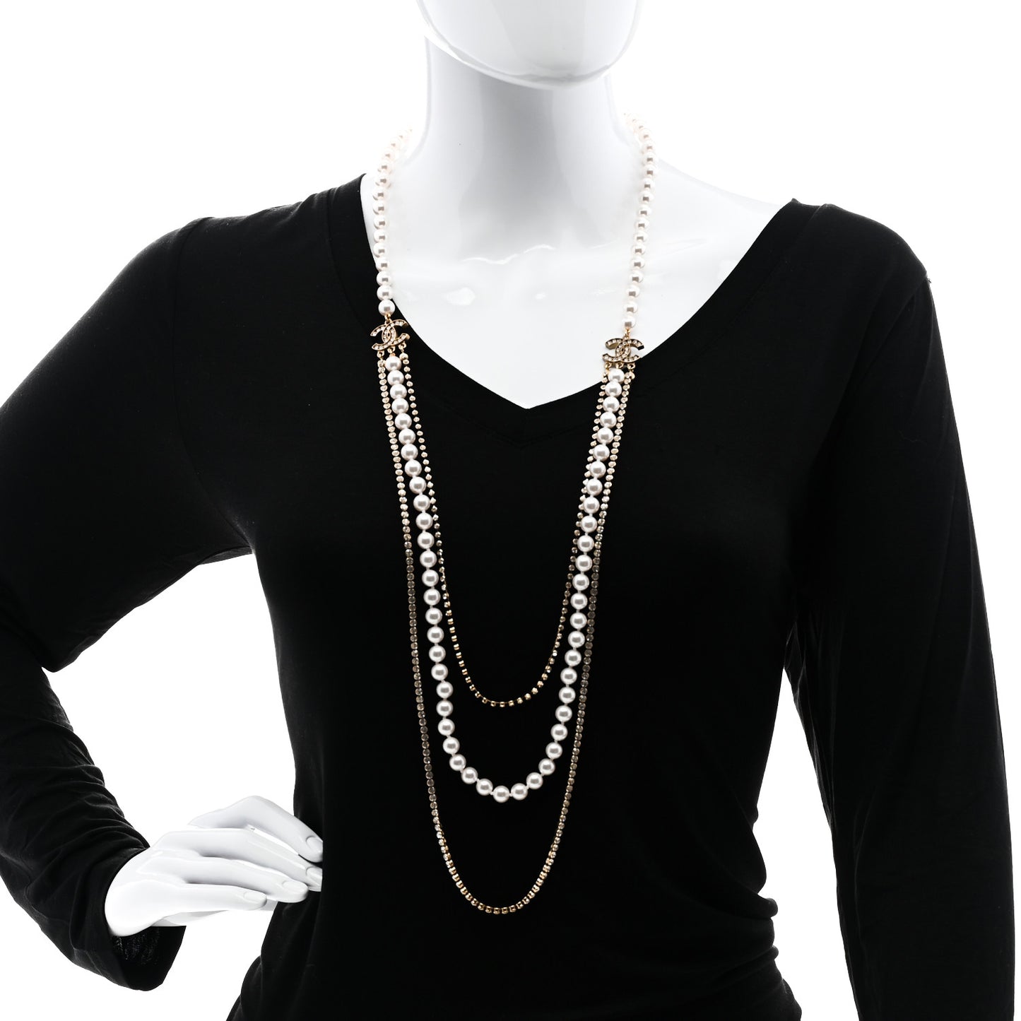 Pearl Crystal Multi Strand CC Long Necklace Gold