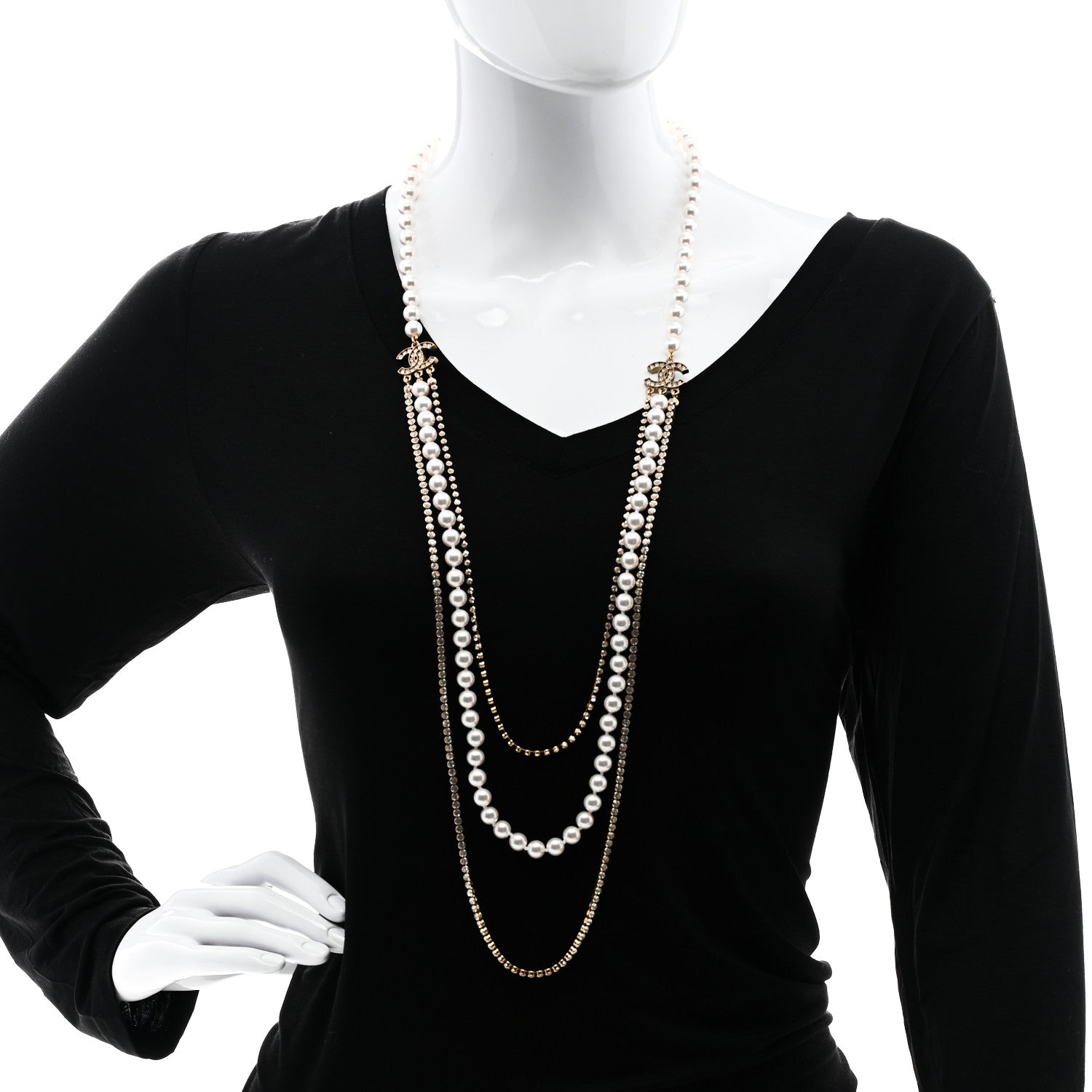 Chanel Pearl Crystal Multi Strand CC Long Necklace Gold 2 of 6