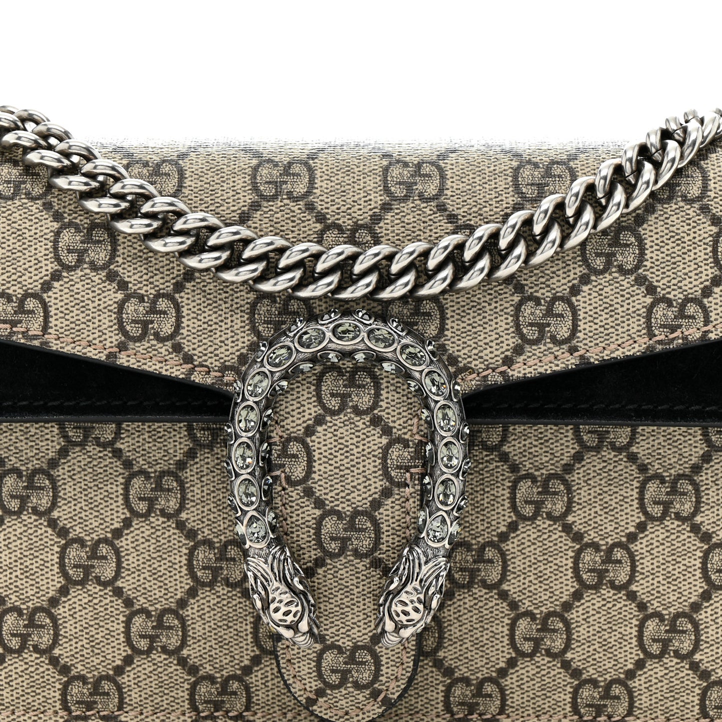 GG Supreme Monogram Suede Crystal Small Dionysus Shoulder Bag Beige Ebony Black