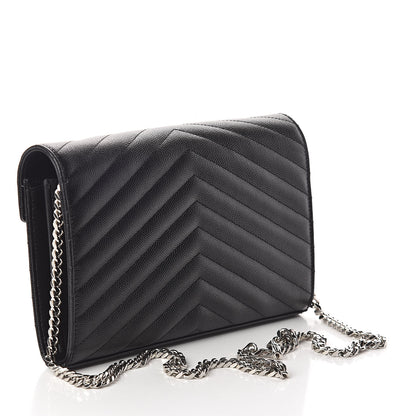Saint Laurent Grain De Poudre Matelasse Chevron Monogram Chain Wallet Black 3 of 10
