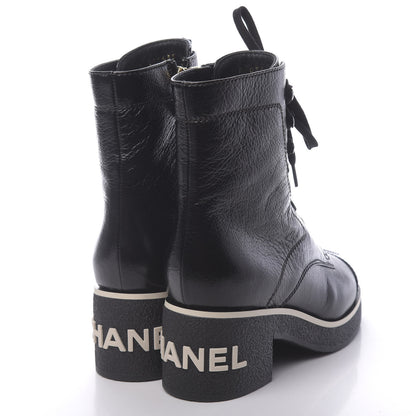 Chanel Shiny Crumpled Lambskin Cap Toe CC Lace Up Logo Boots 37 Black 4 of 8