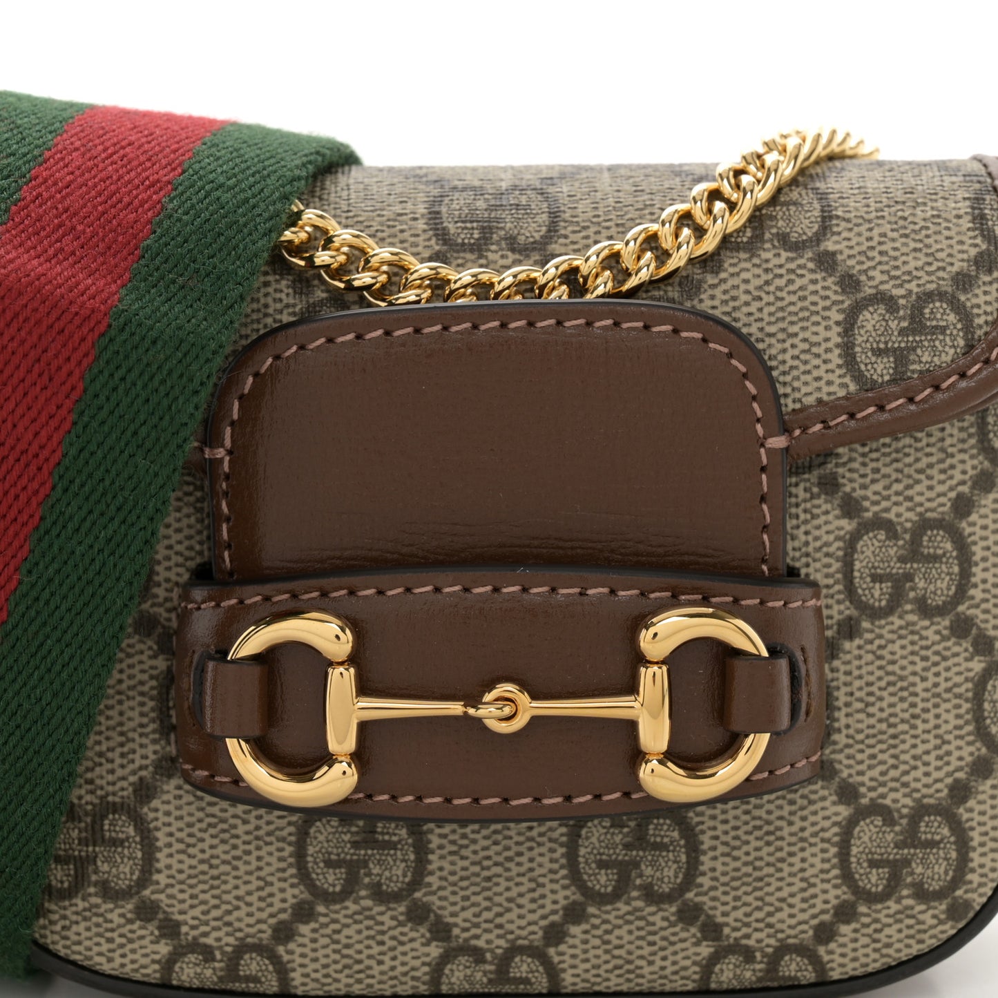 GG Supreme Monogram Azalea Calfskin Web Horsebit 1955 Wallet On Strap Beige Ebony Brown Sugar