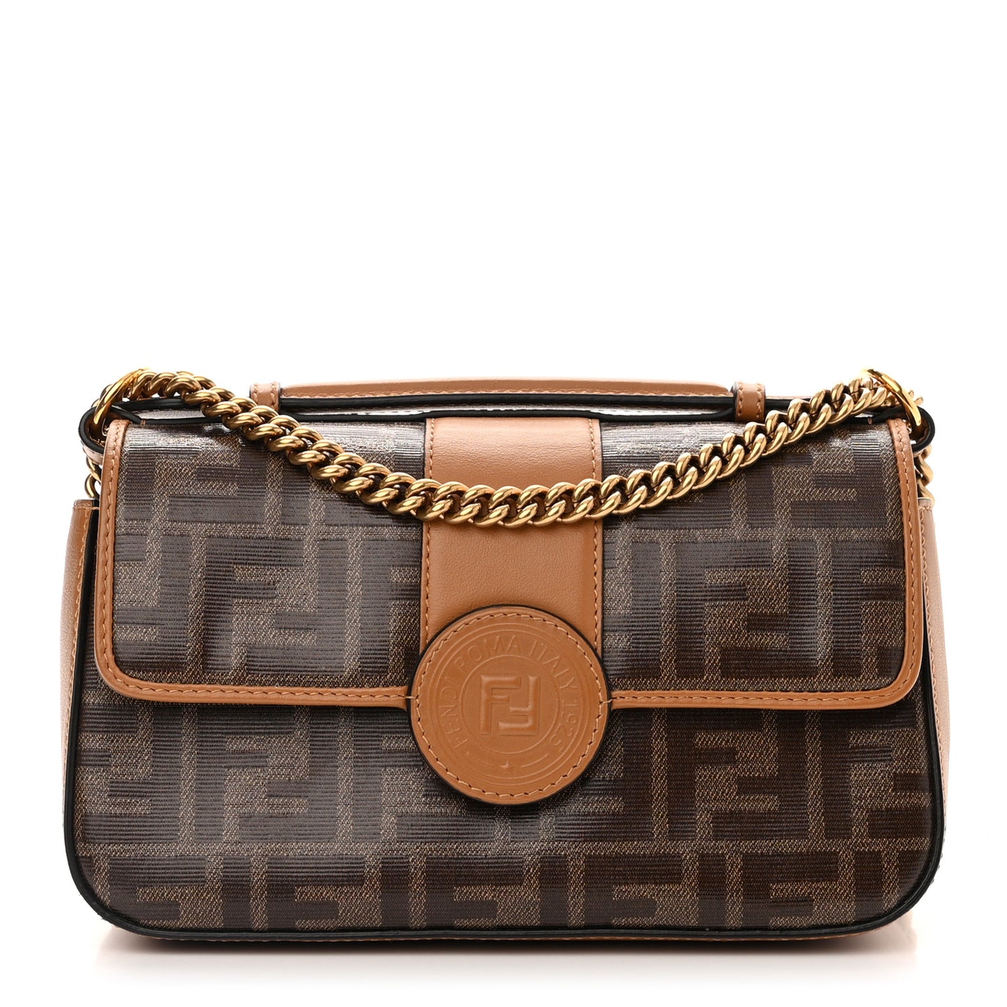 Vitello Grace Glazed Fabric FF 1974 Double F Shoulder Bag Caramello Mogano Panna