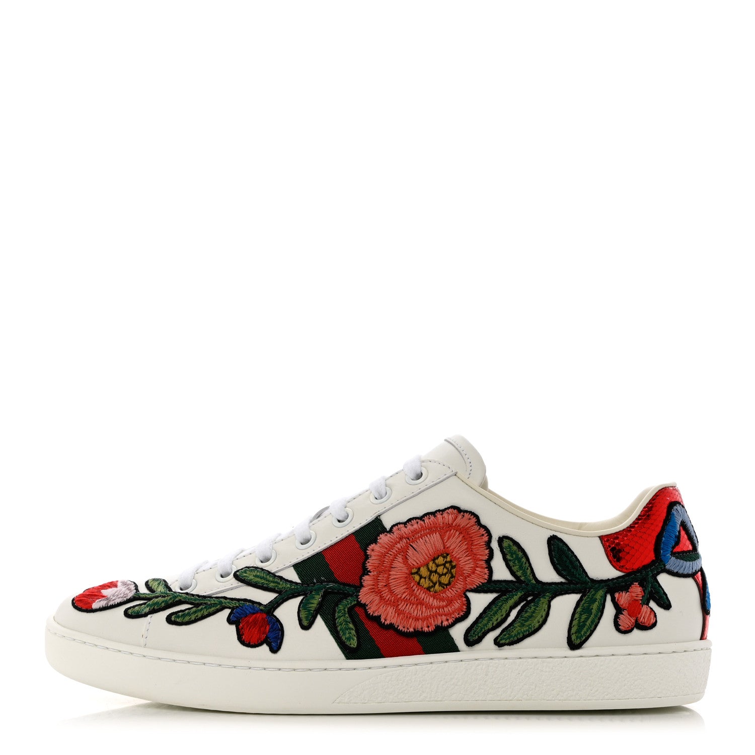 Gucci Calfskin Web Floral Embroidered Womens Ace Sneakers 39 White 1 of 9