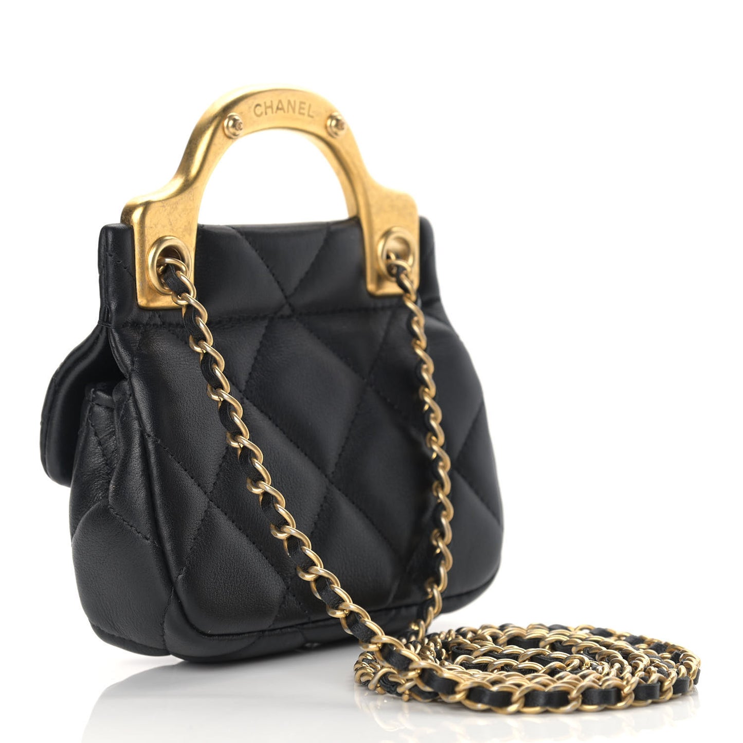 Calfskin Quilted Lady Handle Flap Card Holder With Chain Black