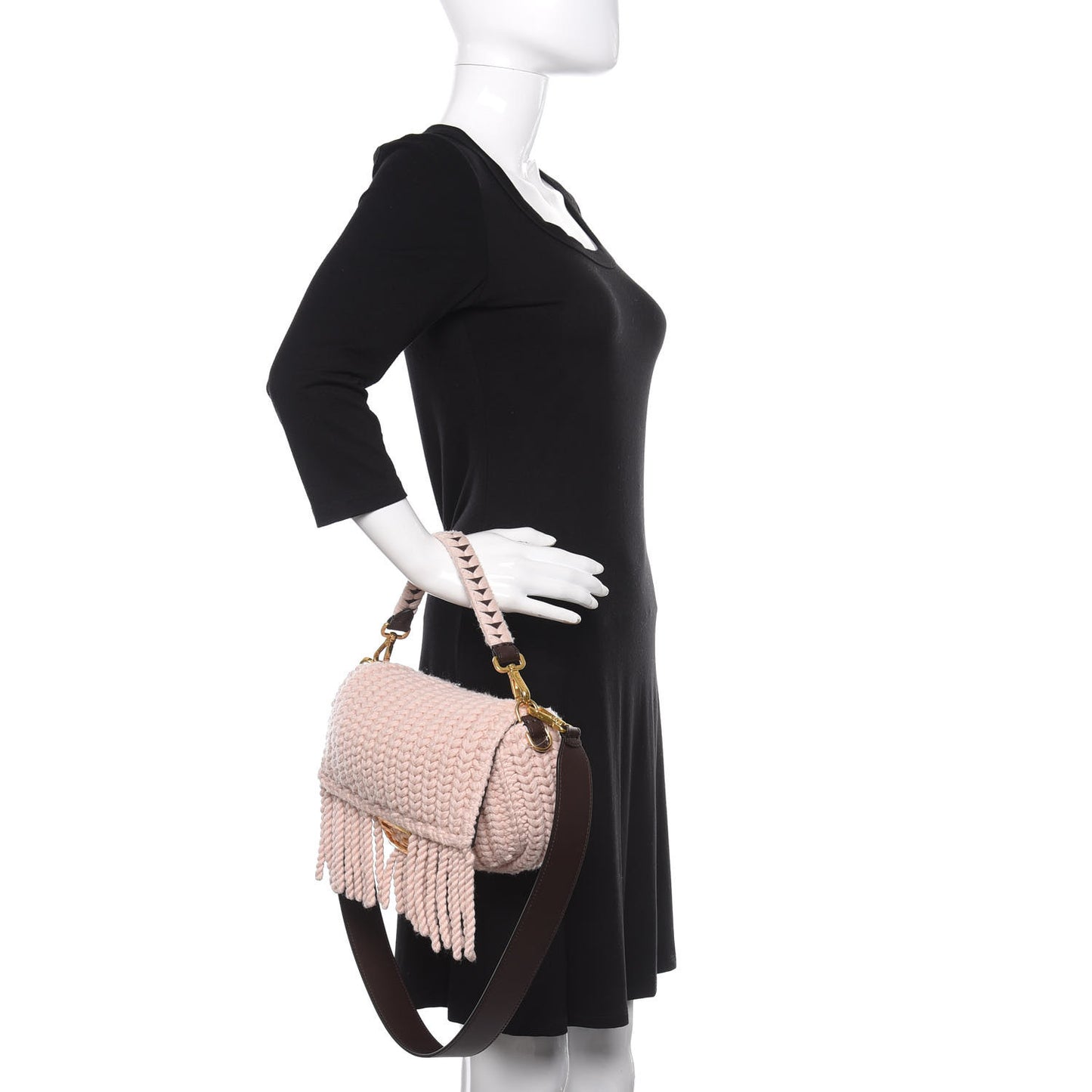 Wool Vitello Seta Woven Fringe Baguette Rosa Quarzo Ebano