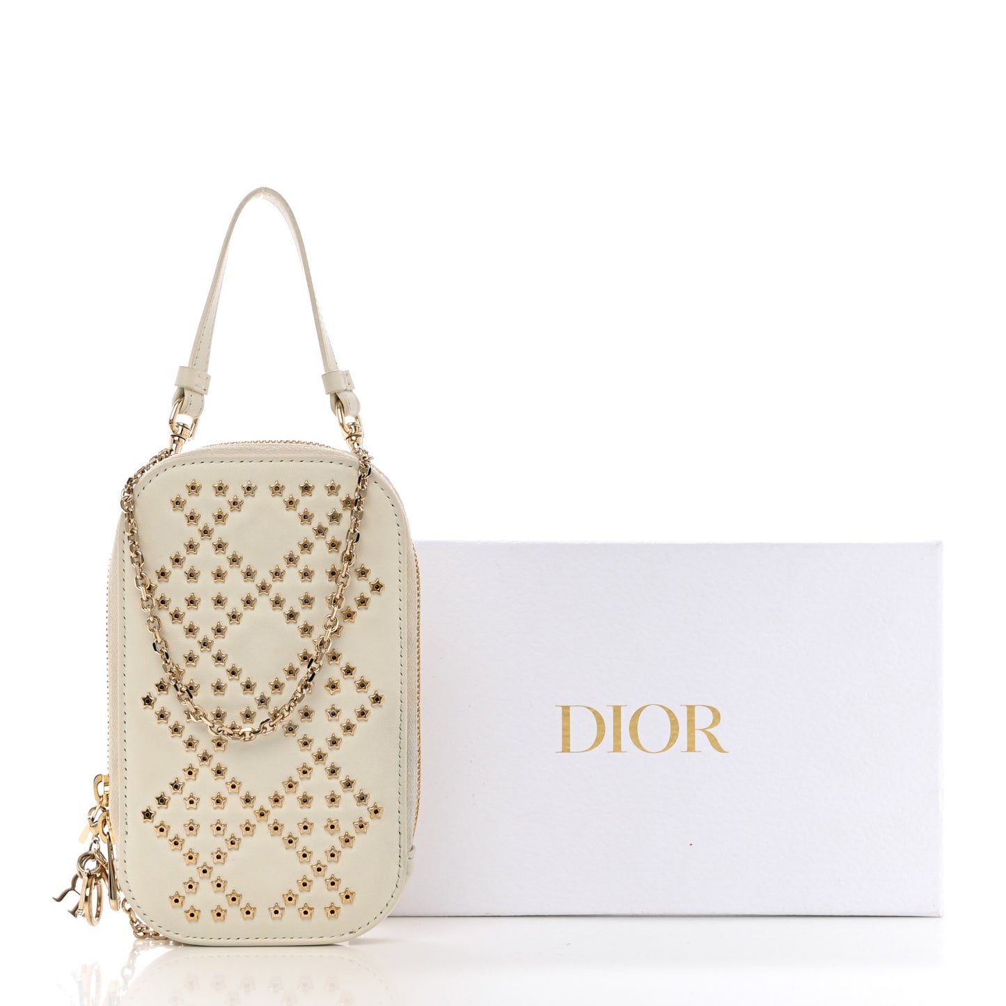 Lambskin Star Studded Lady Dior Phone Holder White