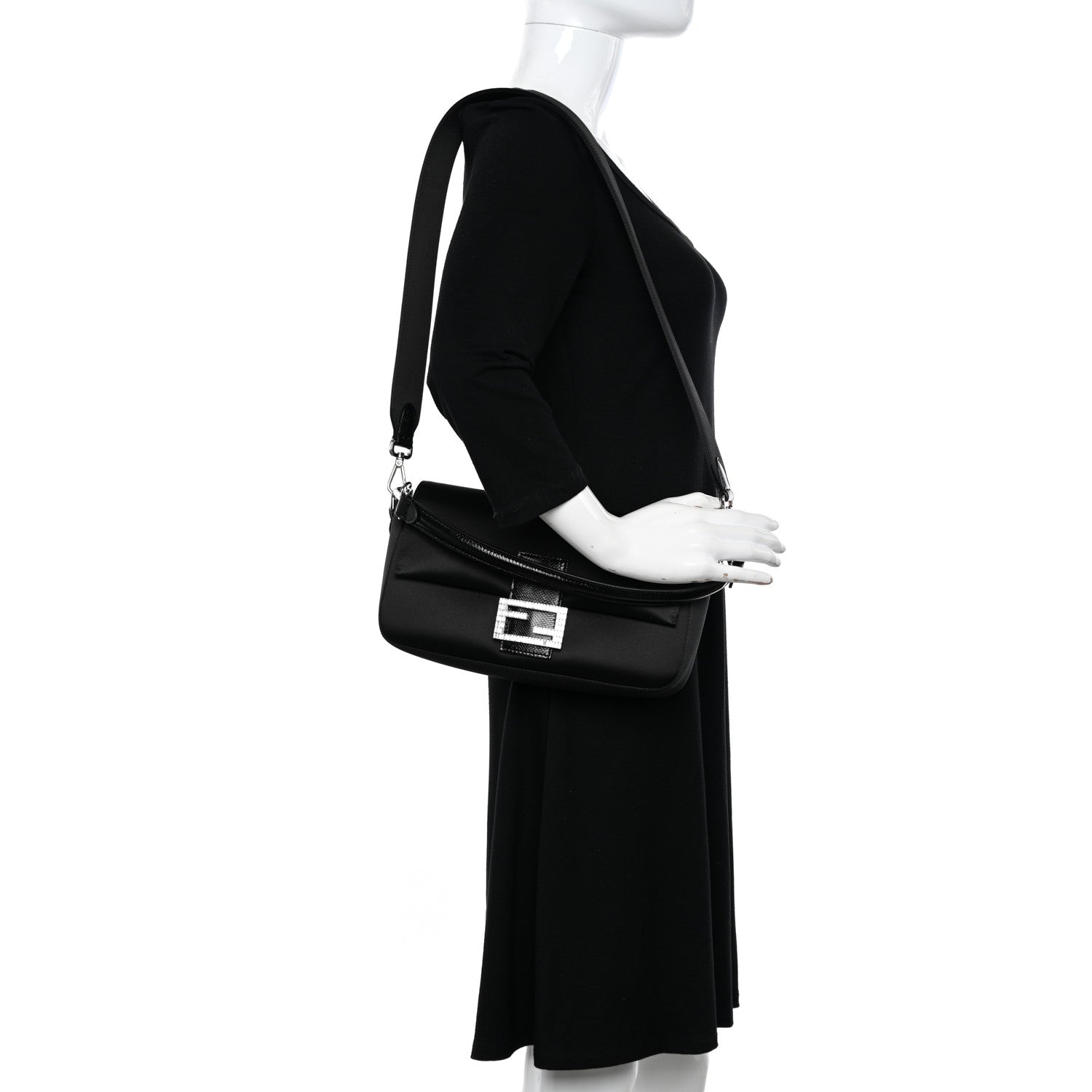 Fendi Satin Karung Crystal Baguette Black 2 of 11
