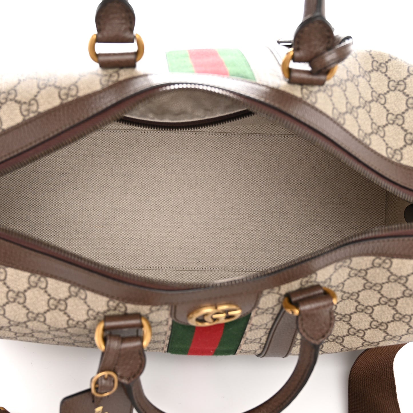 GG Supreme Monogram Textured Dollar Calfskin Web Medium Savoy Duffle Bag Beige Ebony New Acero