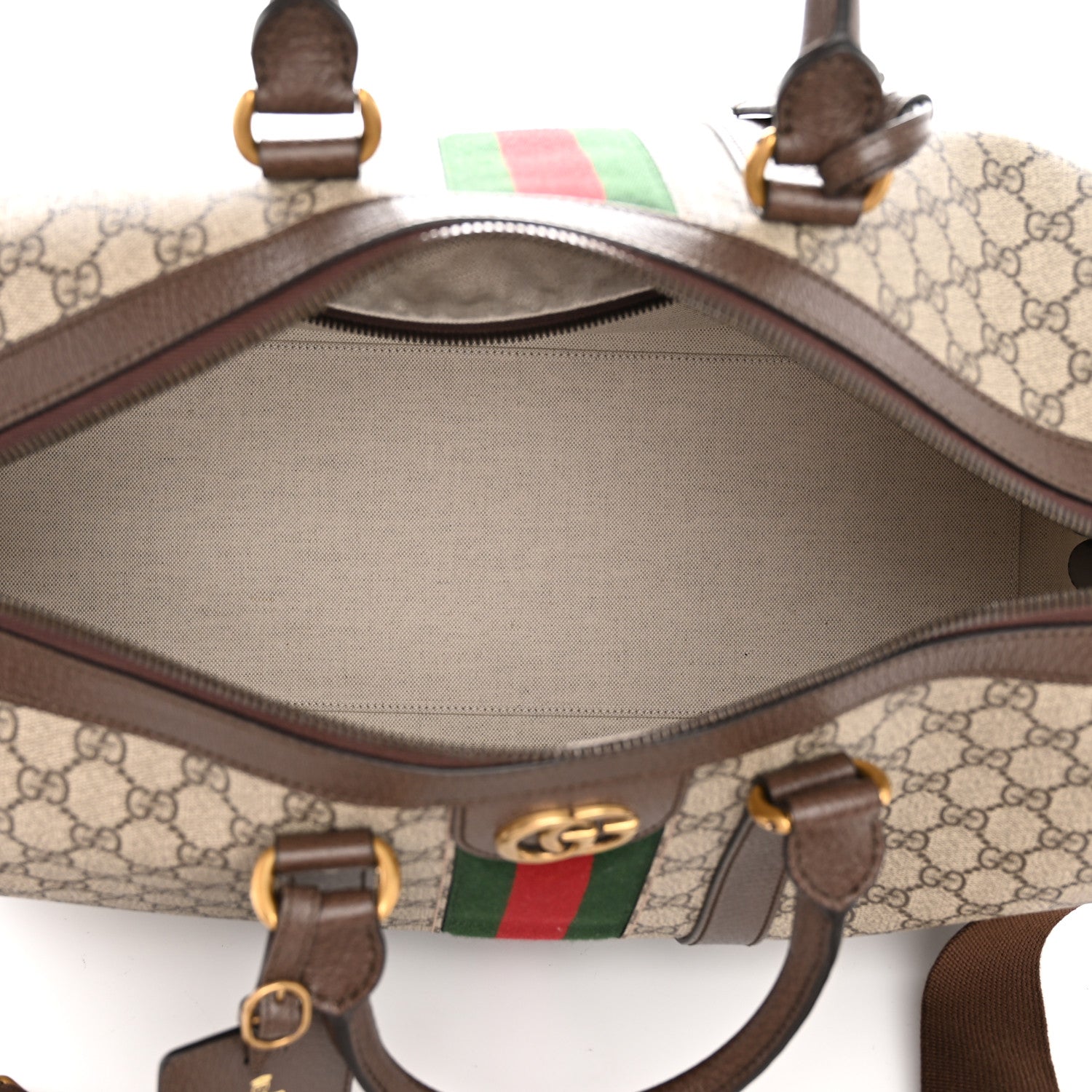 Gucci GG Supreme Monogram Textured Dollar Calfskin Web Medium Savoy Duffle Bag Beige Ebony New Acero 4 of 13