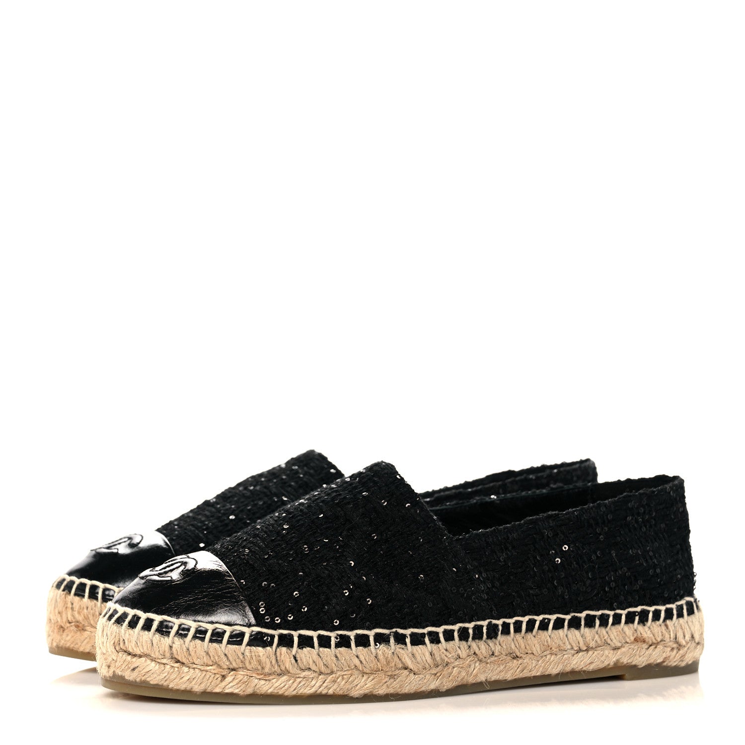 Chanel Tweed Patent Goatskin Sequin CC Espadrilles 37 Black 3 of 8