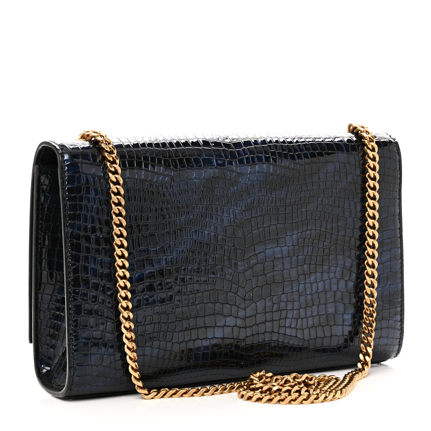 Saint Laurent Calfskin Crocodile Embossed Medium Classic Monogram Kate Tassel Satchel Black Blue 3 of 11