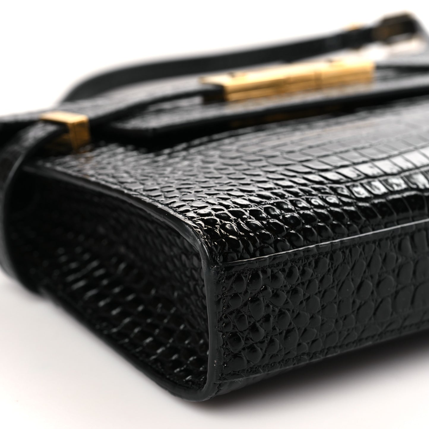 Shiny Calfskin Crocodile Embossed Small Manhattan Baguette Black