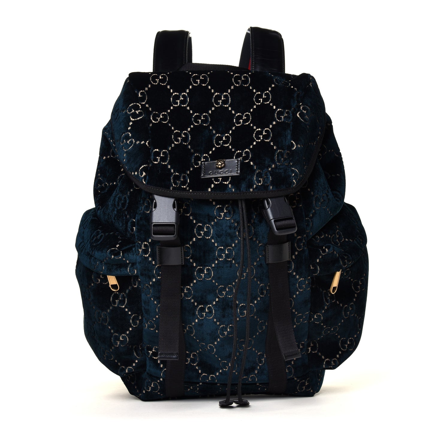 Velvet GG Monogram Web Medium Double Buckle Backpack Blue Beige Black