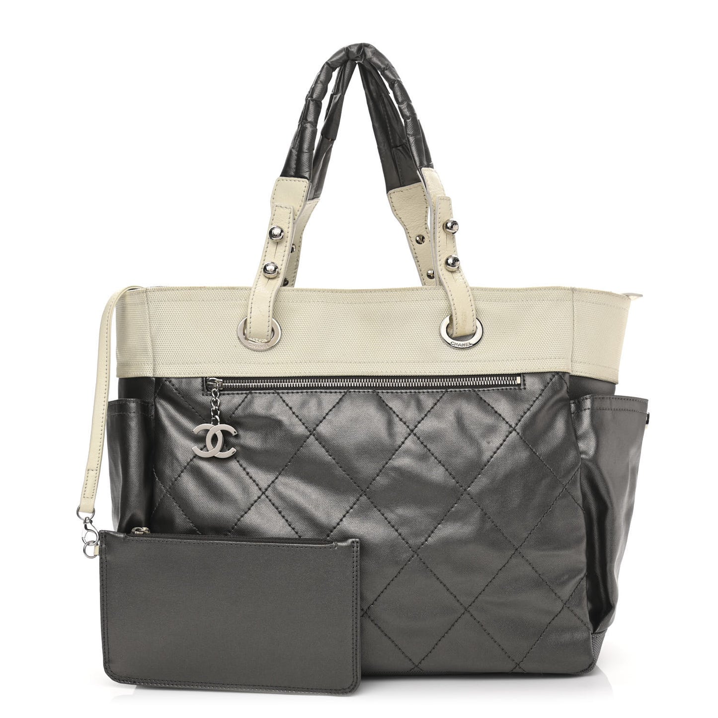 Coated Canvas Quilted Large Paris Biarritz Tote Silver