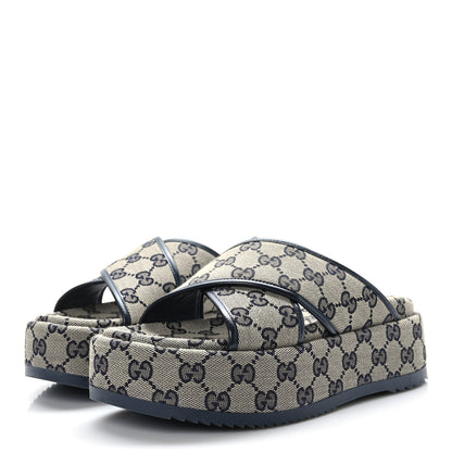 Gucci Monogram Criss Cross Platform Slide Sandals 36.5 Beige Blue 3 of 8