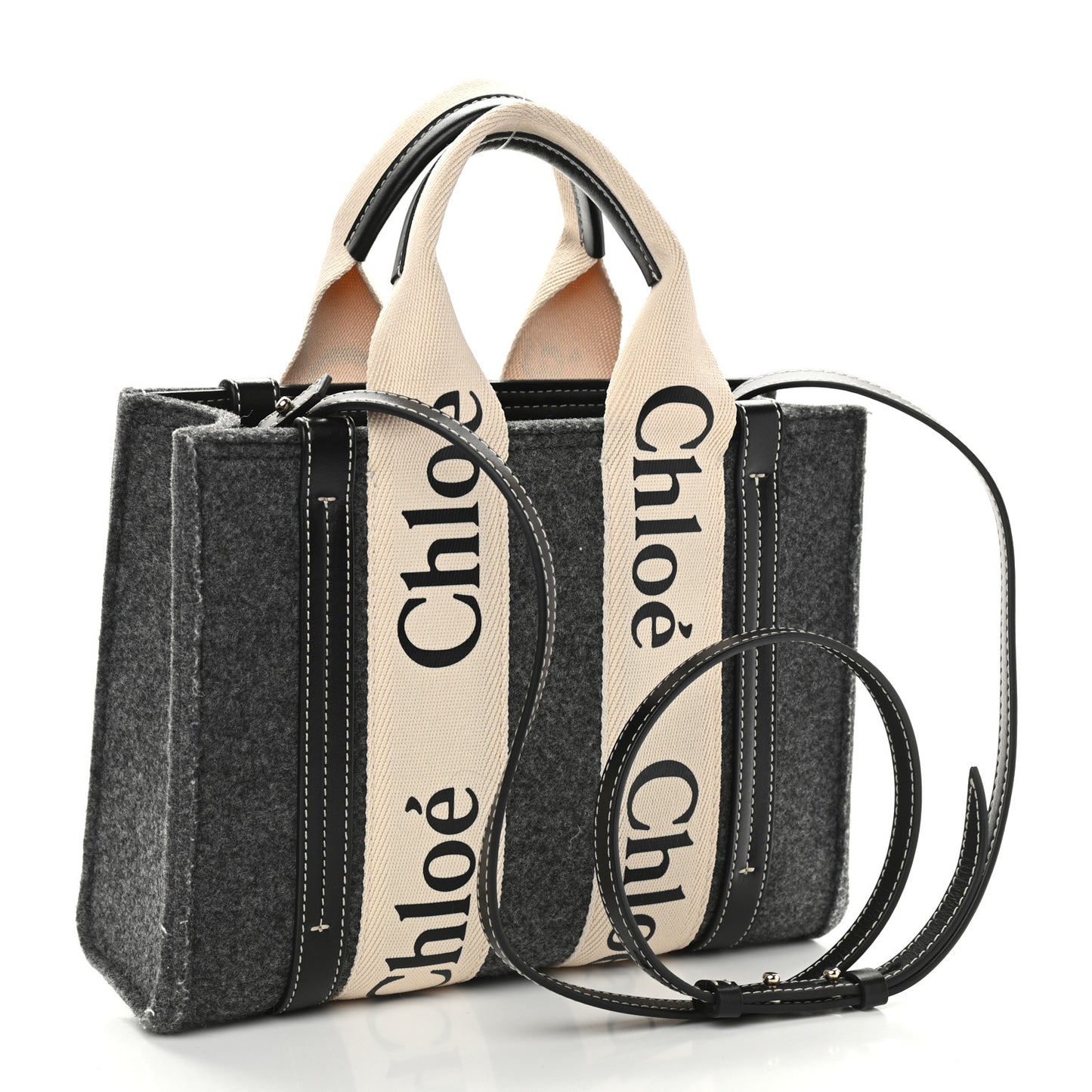 Felt Calfskin Small Woody Ribbon Tote With Strap Cashmere Grey