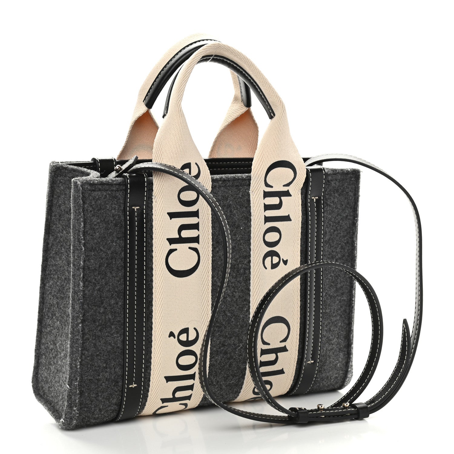 Chloe Felt Calfskin Small Woody Ribbon Tote With Strap Cashmere Grey 3 of 11