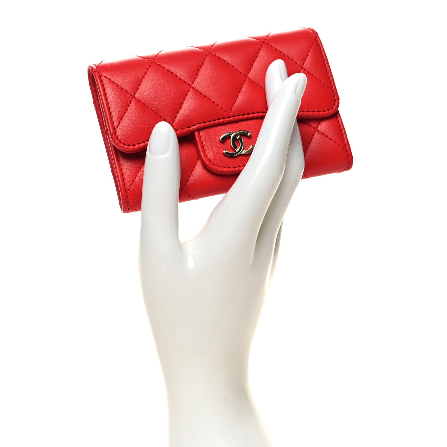 Lambskin Quilted Flap Card Holder Red