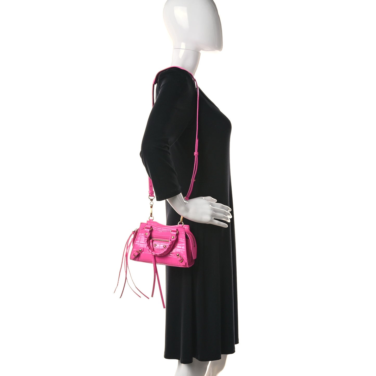 Calfskin Crocodile Embossed Neo Classic Gold Hardware Nano City Crossbody Neon Pink