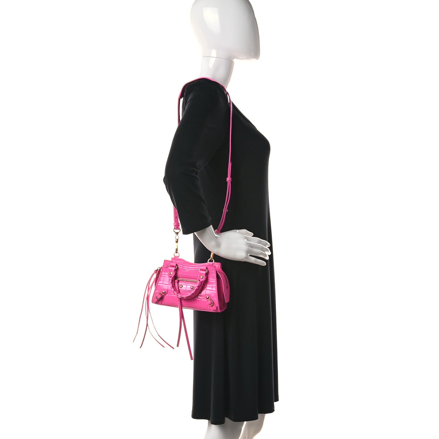 Balenciaga Calfskin Crocodile Embossed Neo Classic Gold Hardware Nano City Crossbody Neon Pink 2 of 22
