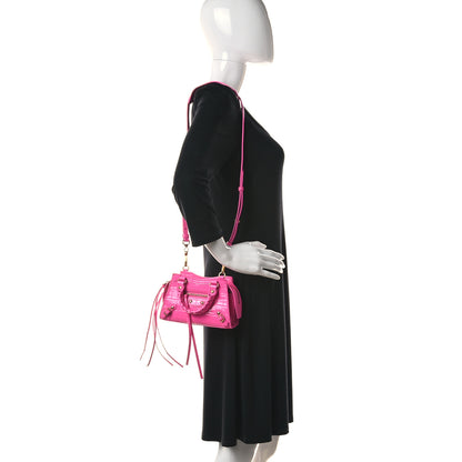 Balenciaga Calfskin Crocodile Embossed Neo Classic Gold Hardware Nano City Crossbody Neon Pink 2 of 22