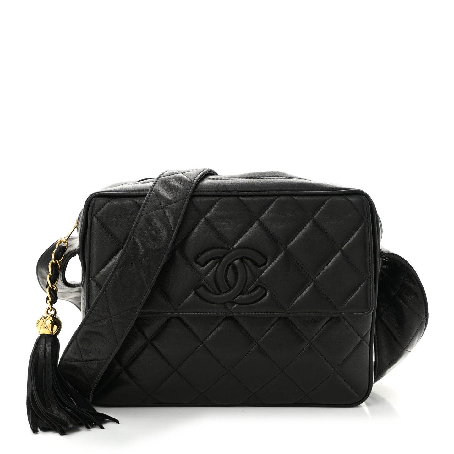Lambskin Quilted Tassel Flap Camera Case Black
