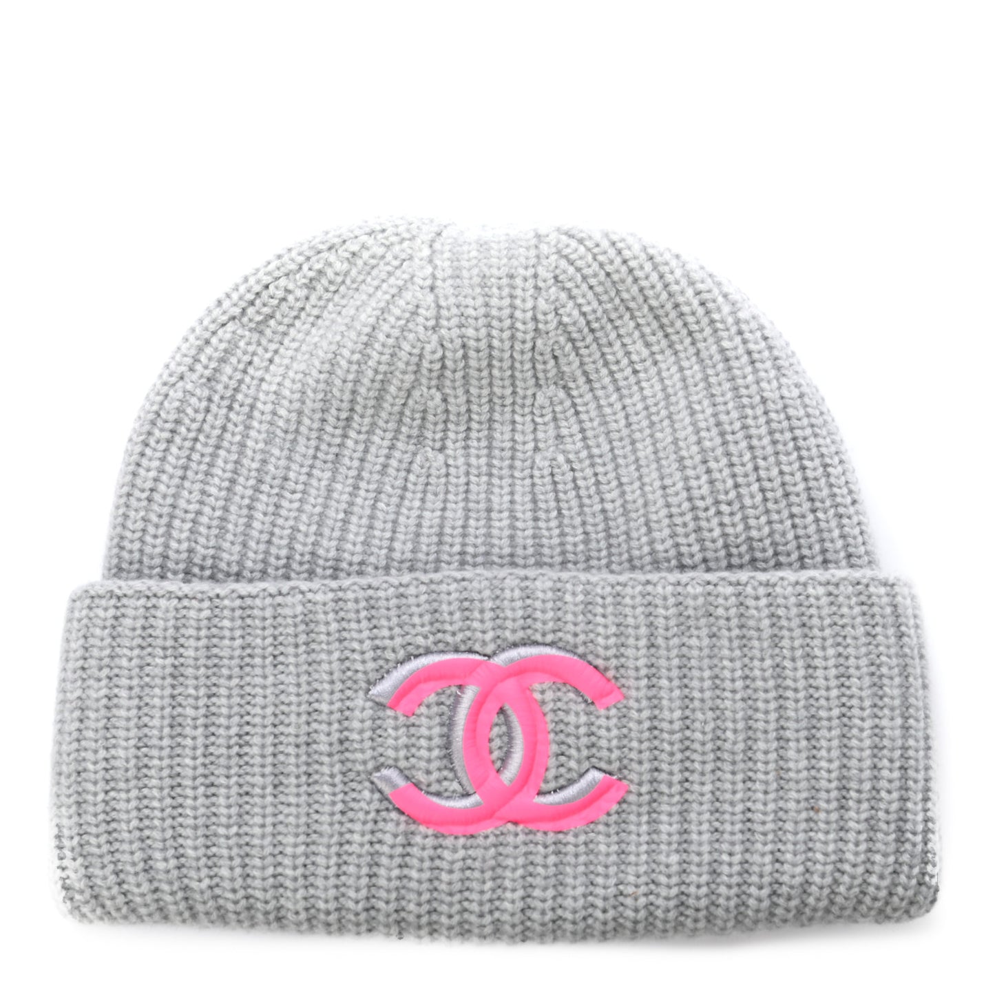 Wool Cashmere CC Beanie Hat Light Grey Fuchsia
