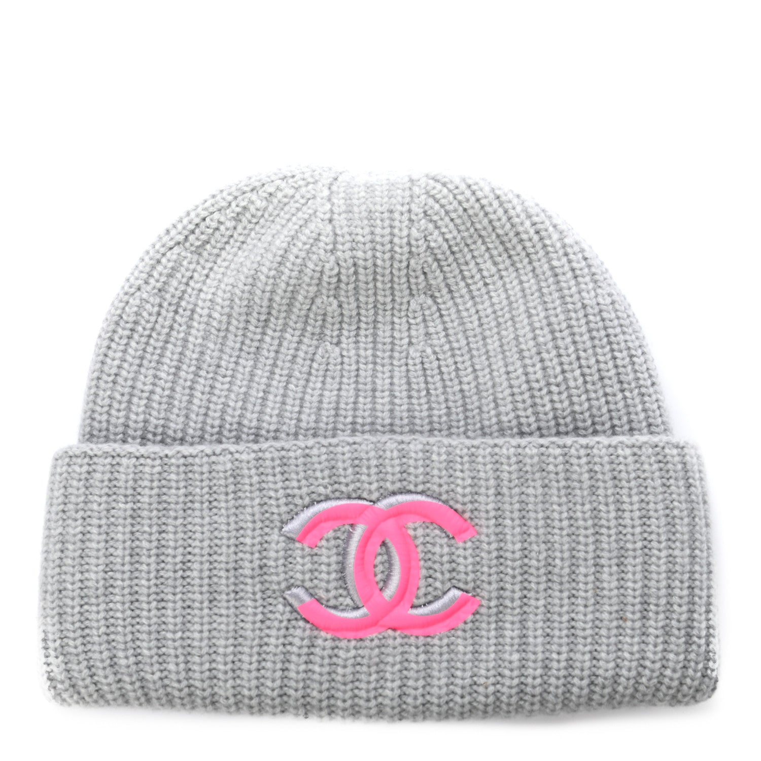 Chanel Wool Cashmere CC Beanie Hat Light Grey Fuchsia 1 of 5