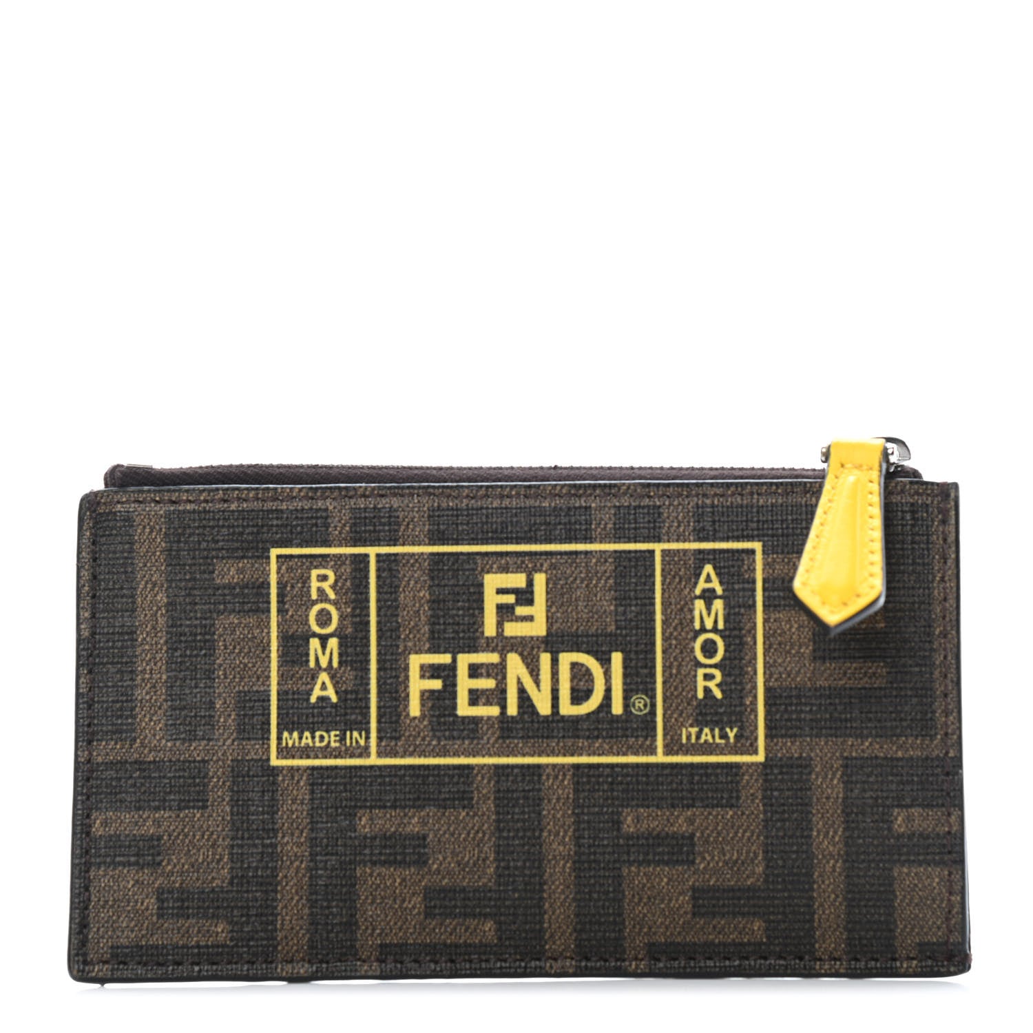 Fendi Glazed Fabric FF 1974 Roma Amor Zip Card Holder Wallet Tobacco Limone 1 of 4