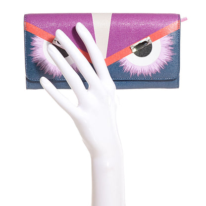 Fendi Vitello Elite Crystal Eye Monster Continental Wallet Cobalt Lavender Pink 2 of 9