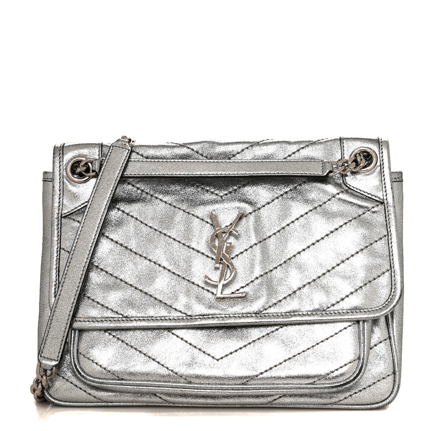 Metallic Lambskin Matelasse Monogram Medium Niki Chain Satchel Argento