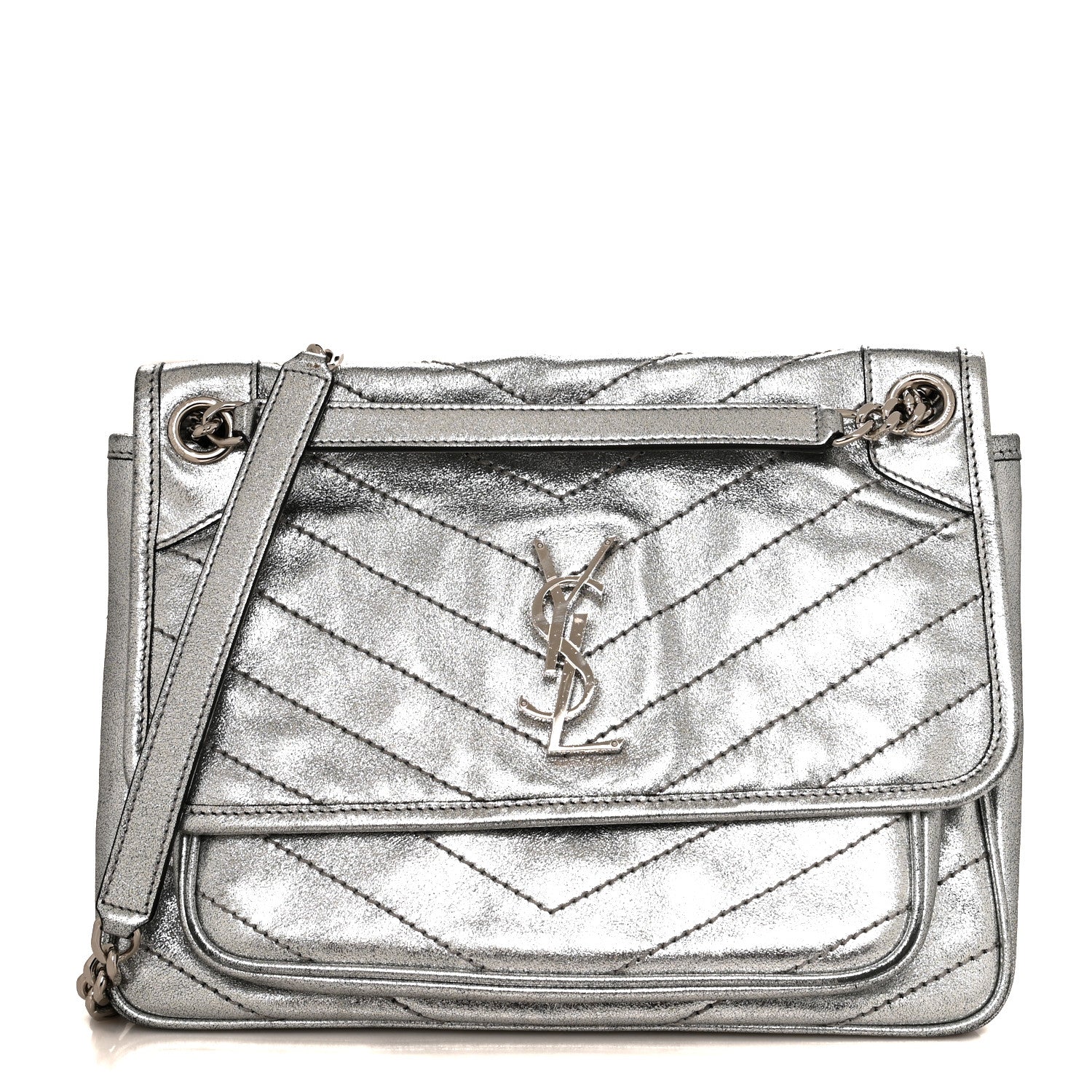 Saint Laurent Metallic Lambskin Matelasse Monogram Medium Niki Chain Satchel Argento 1 of 10
