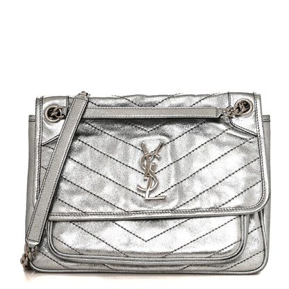 Saint Laurent Metallic Lambskin Matelasse Monogram Medium Niki Chain Satchel Argento 1 of 10