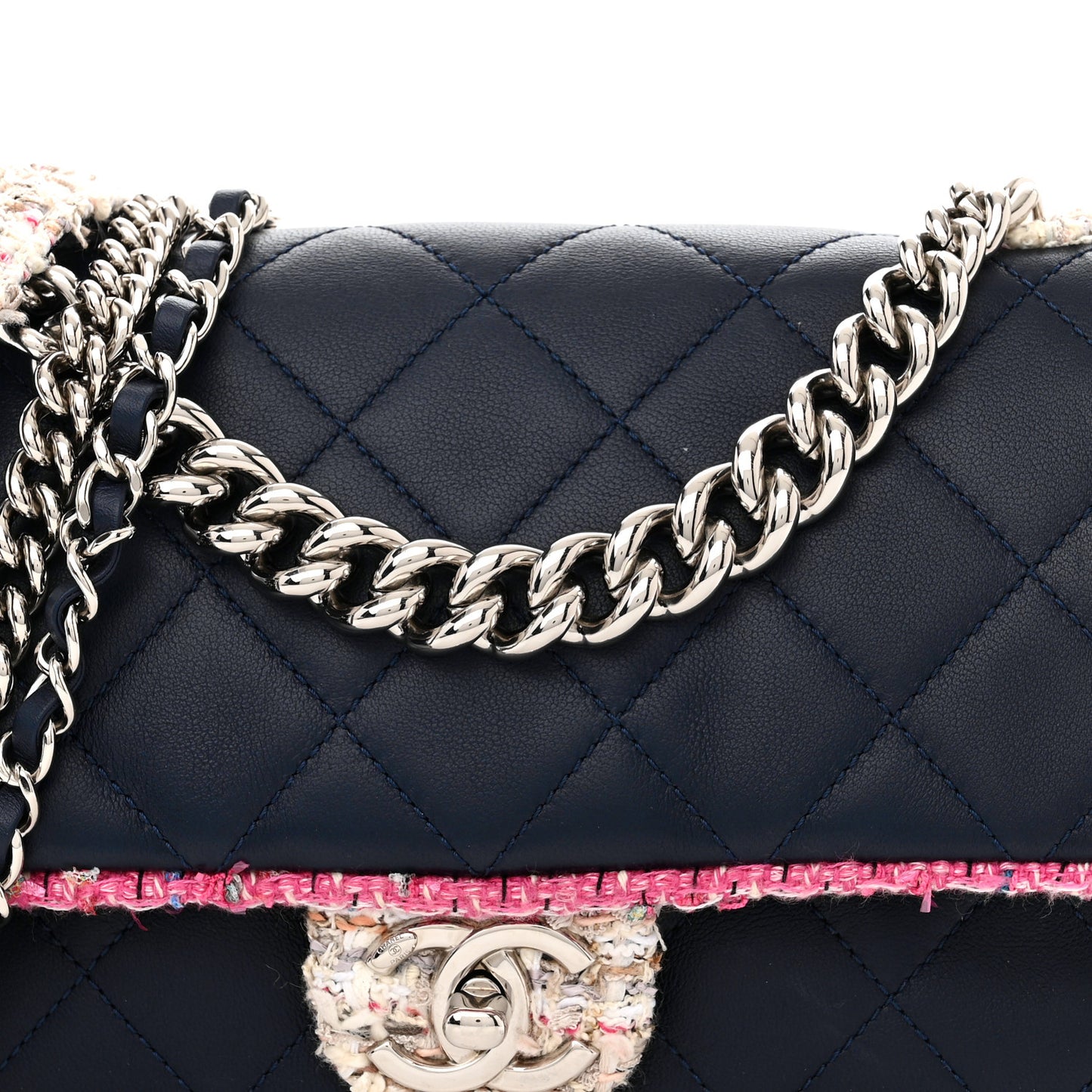 Lambskin Tweed Quilted Elegant Trim Flap Navy