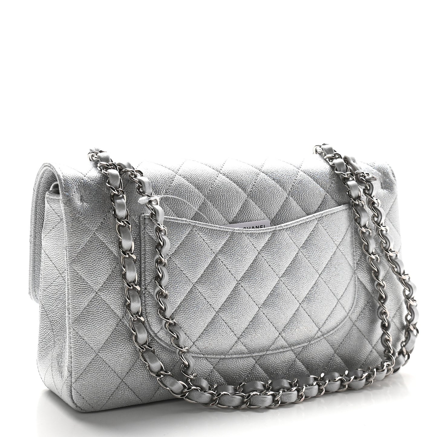 Glittered Metallic Caviar Quilted Medium Double Flap Silver