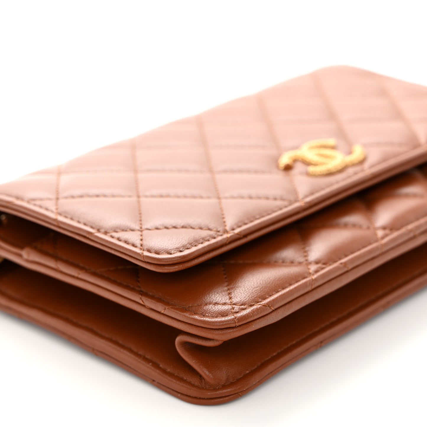 Lambskin Quilted Studded CC Wallet On Chain WOC Light Brown