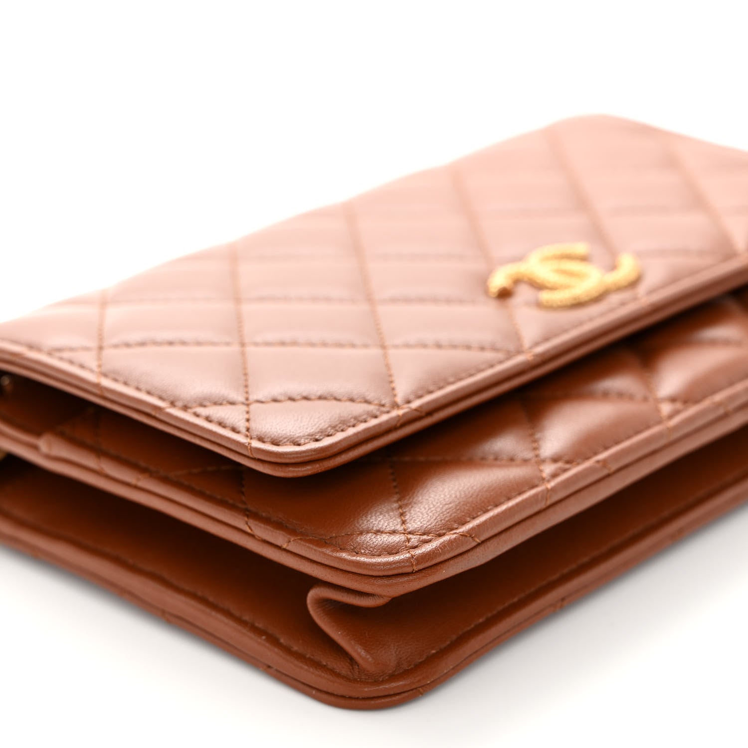Chanel Lambskin Quilted Studded CC Wallet On Chain WOC Light Brown 10 of 12