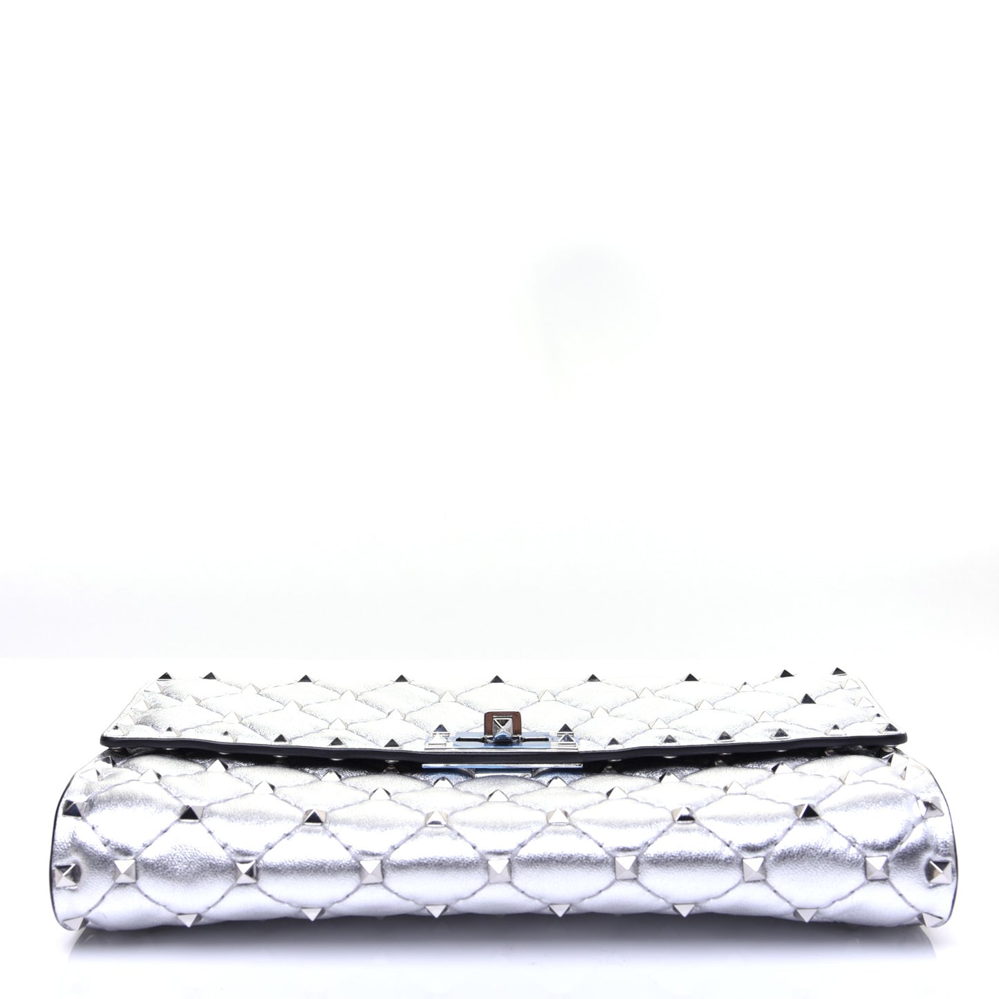 Metallic Lambskin Rockstud Spike Wallet on Chain Silver