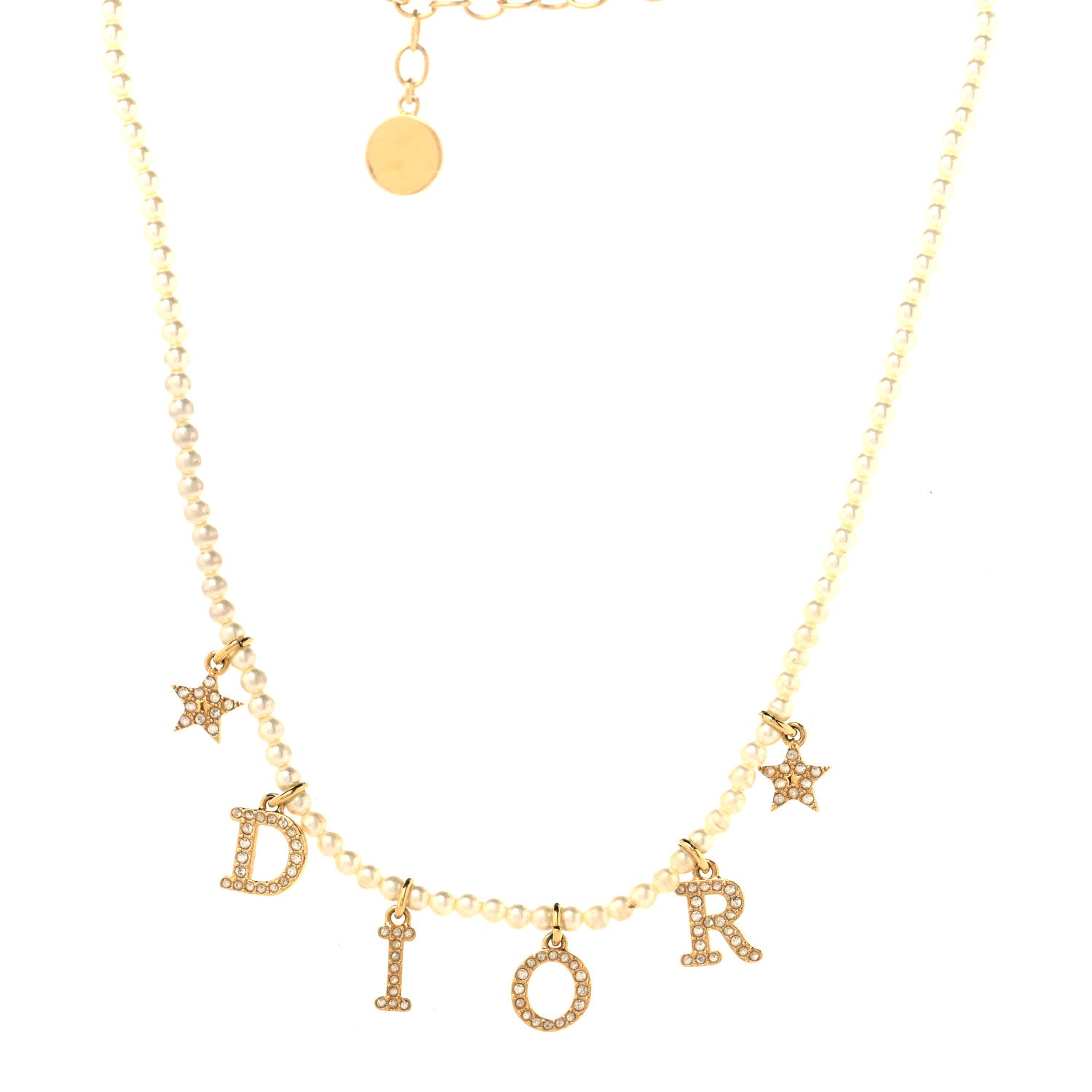 Christian Dior Pearl Crystal Star Logo Charm Necklace Gold 1 of 5