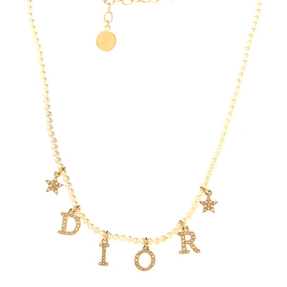 Christian Dior Pearl Crystal Star Logo Charm Necklace Gold 1 of 5