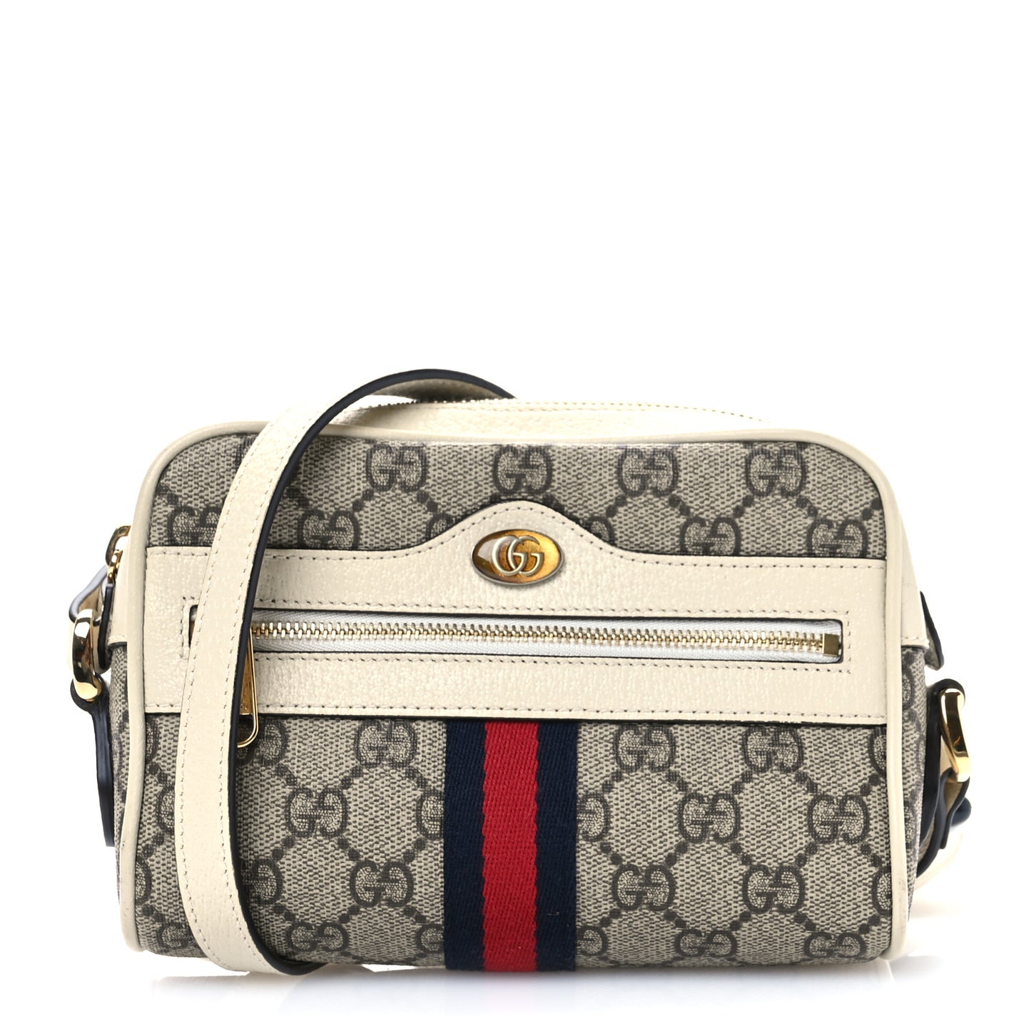 GG Supreme Monogram Textured Calfskin Web Mini Ophidia Shoulder Bag Beige Ebony Mystic White
