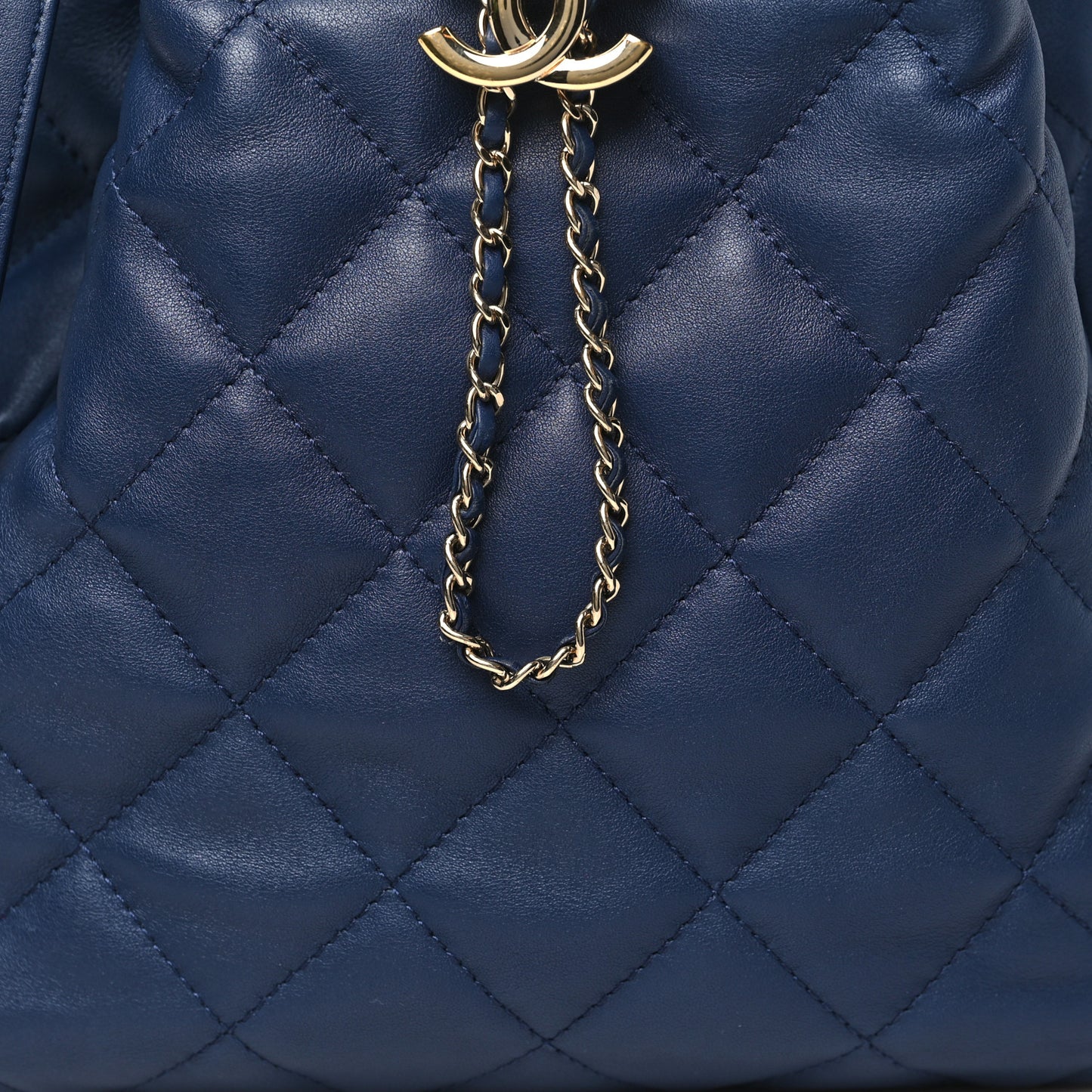 Lambskin Quilted Chain Drawstring Bag Navy Blue