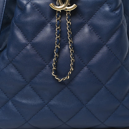 Chanel Lambskin Quilted Chain Drawstring Bag Navy Blue 8 of 10