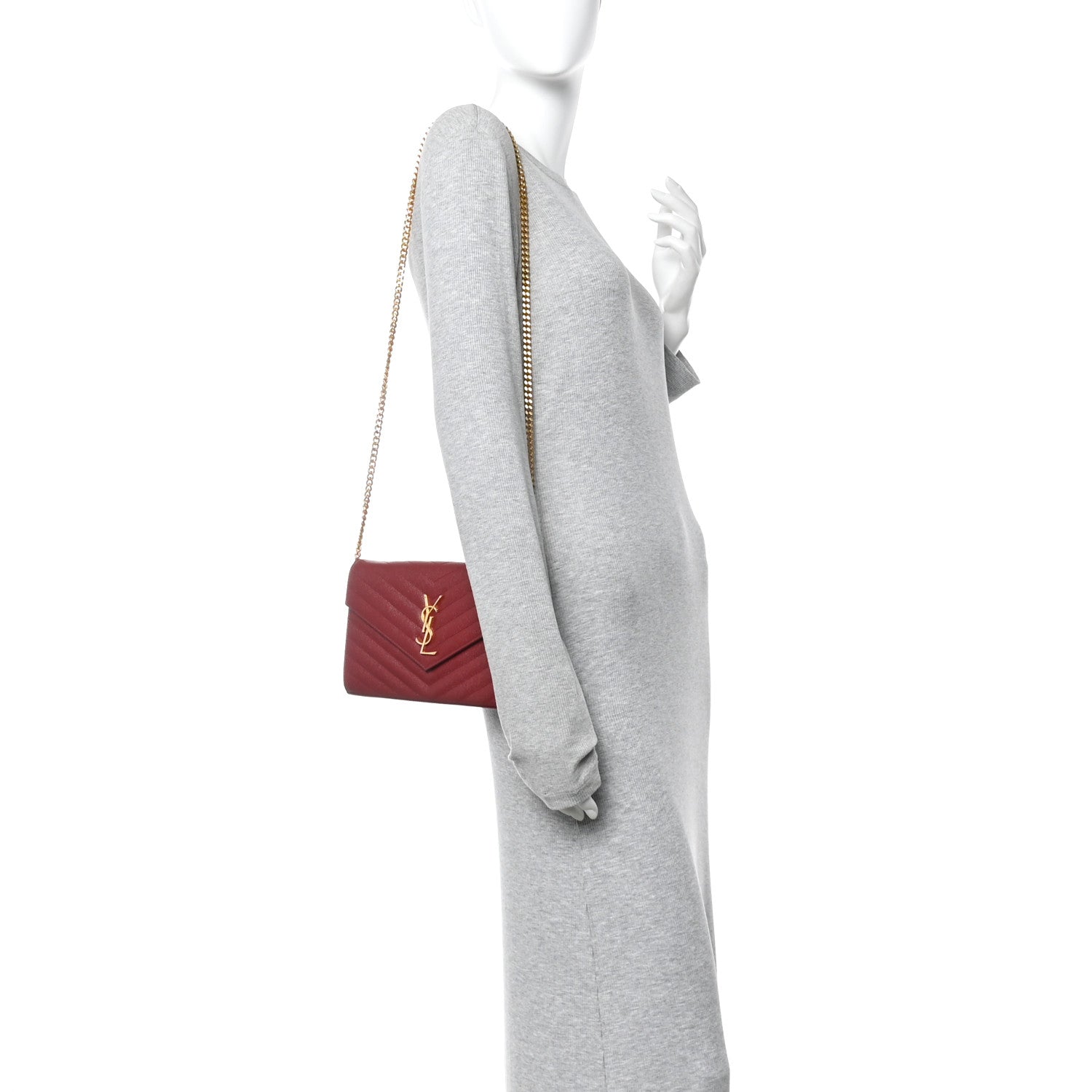 Saint Laurent Grain De Poudre Matelasse Chevron Monogram Chain Wallet Opyum Red 2 of 10