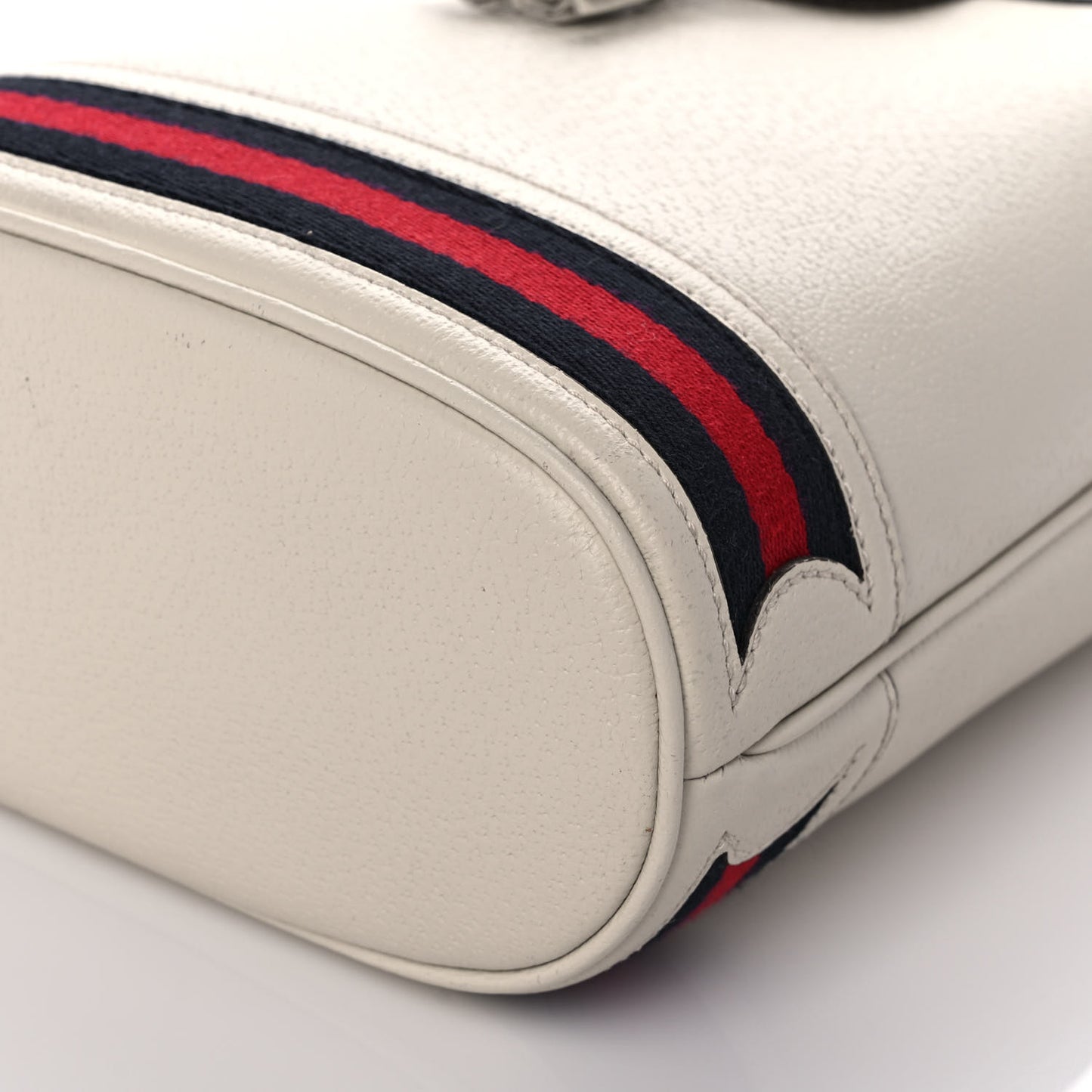 Glazed Textured Calfskin Web Small Ophidia Bucket Bag Mystic White