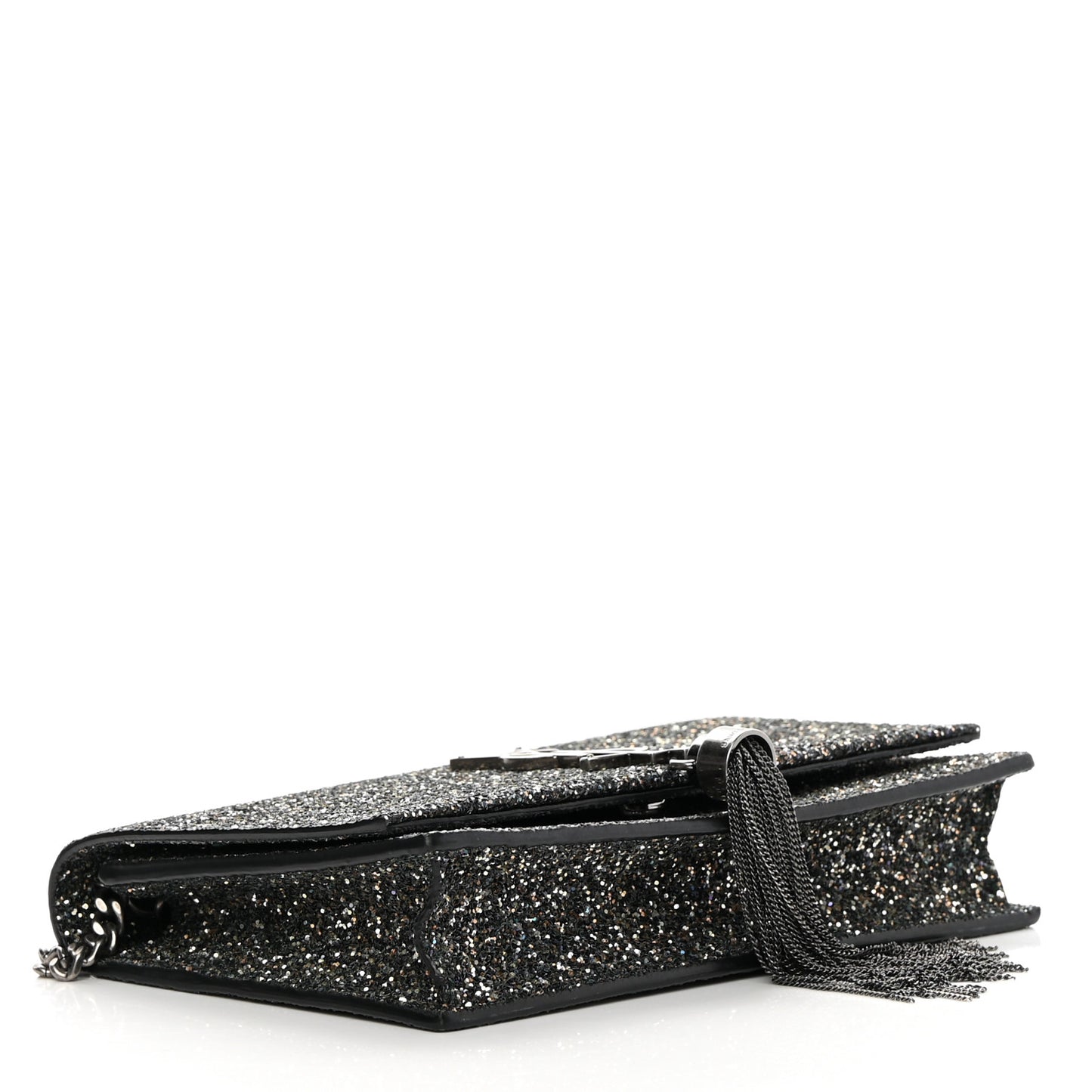 Metallic Glitter Classic Monogram Kate Tassel Chain Wallet Gun Metal Black